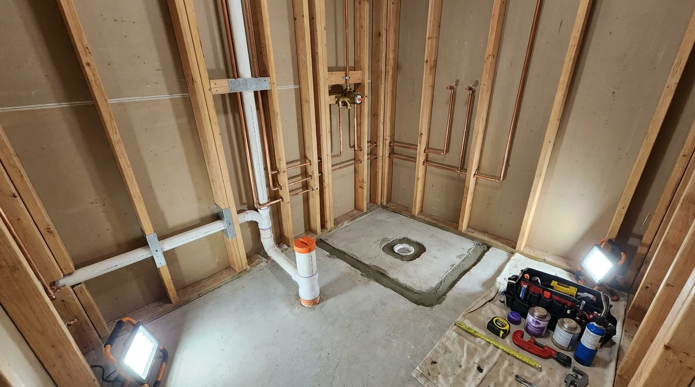 Bathroom rough-in plumbing during remodel by Johns Plumbing LLC in Ballinger