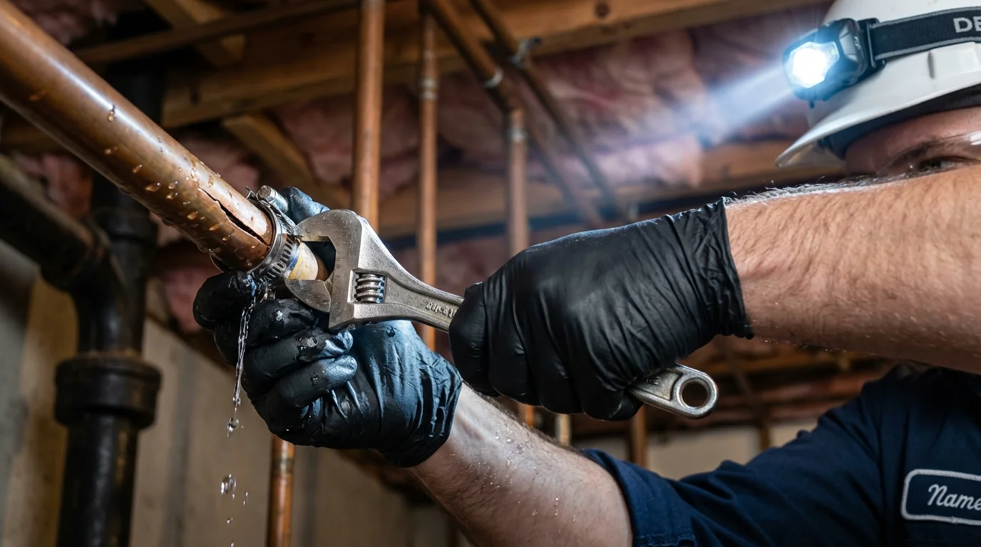 Emergency pipe clamp repair being performed by a Johns Plumbing LLC plumber in Ballinger
