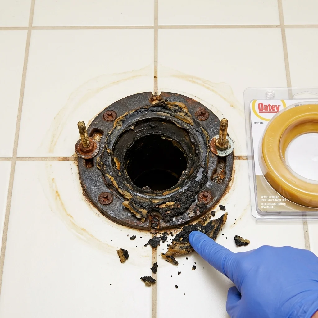 Failed wax ring showing water seepage at the base of a toilet in a Ballinger, TX home