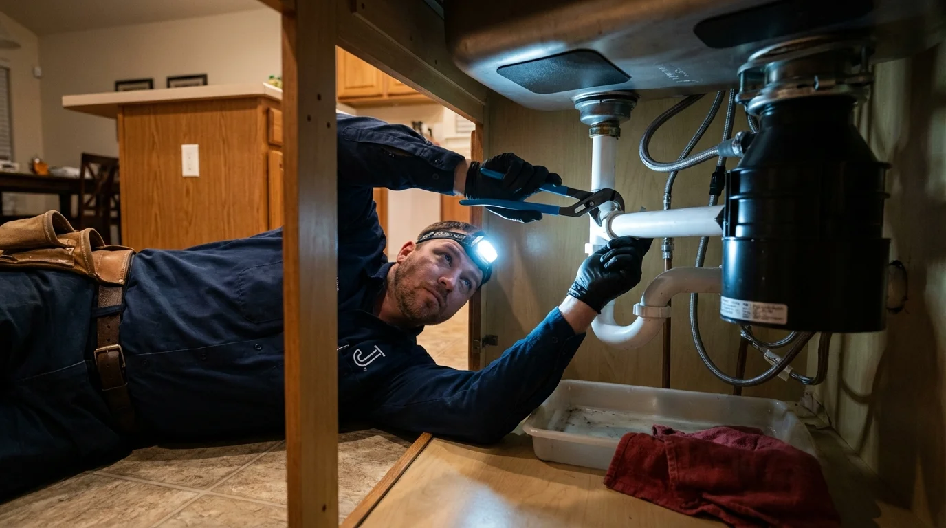 P-trap and supply line connections under a kitchen sink showing a common leak point in Ballinger, TX